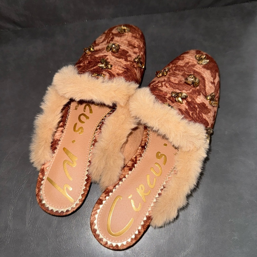 Circus Ny by Sam Edelman Women's Brown Velvet Faux-Fur Slide Mules